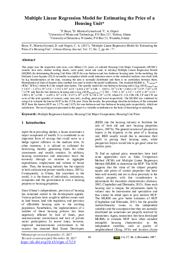 (PDF) Multiple Linear Regression Model for Estimating the Price of a ...