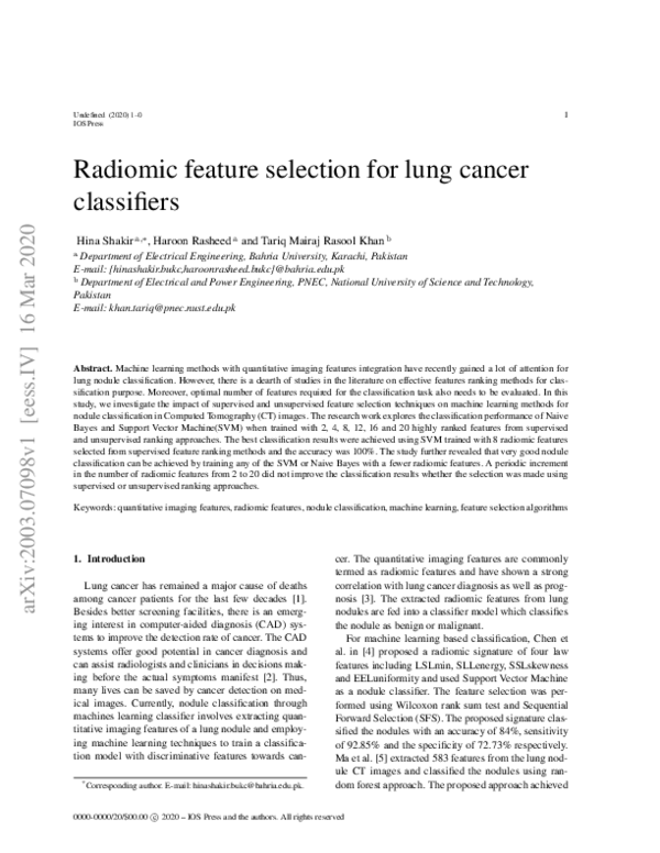 (PDF) Radiomic feature selection for lung cancer classifiers