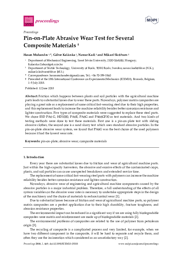 (PDF) Pin-on-Plate Abrasive Wear Test for Several Composite Materials ...