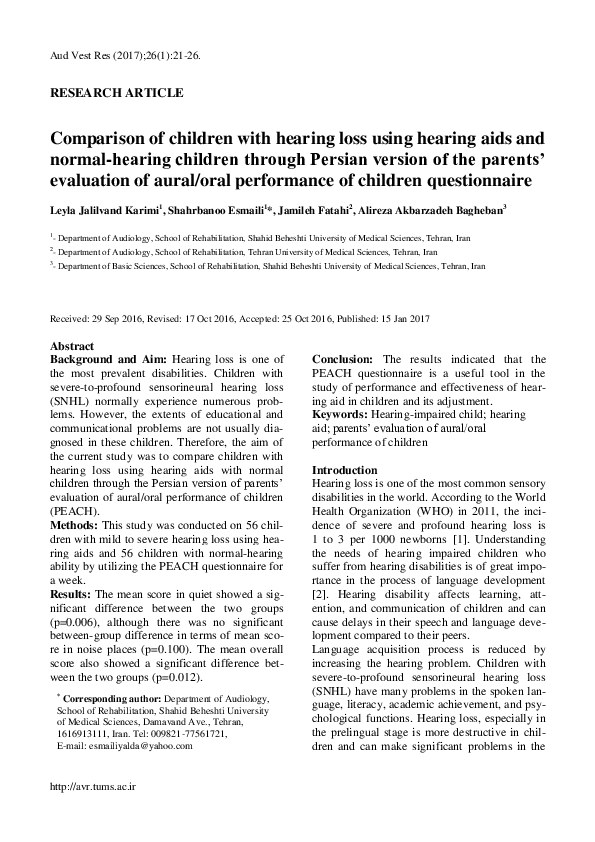 (PDF) Comparison of children with hearing loss using hearing aids and ...