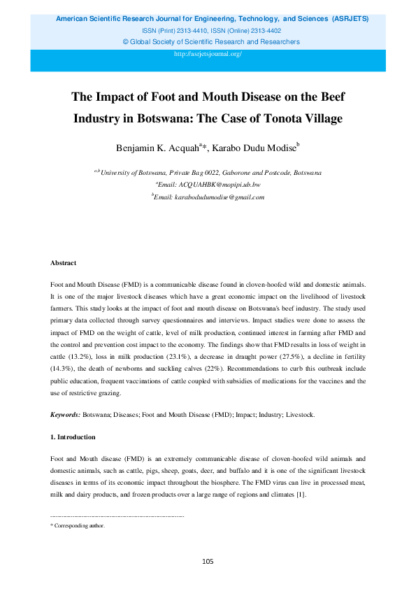 (PDF) The Impact of Foot and Mouth Disease on the Beef Industry in ...
