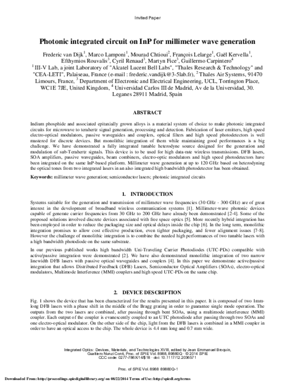 (PDF) Photonic integrated circuit on InP for millimeter wave generation
