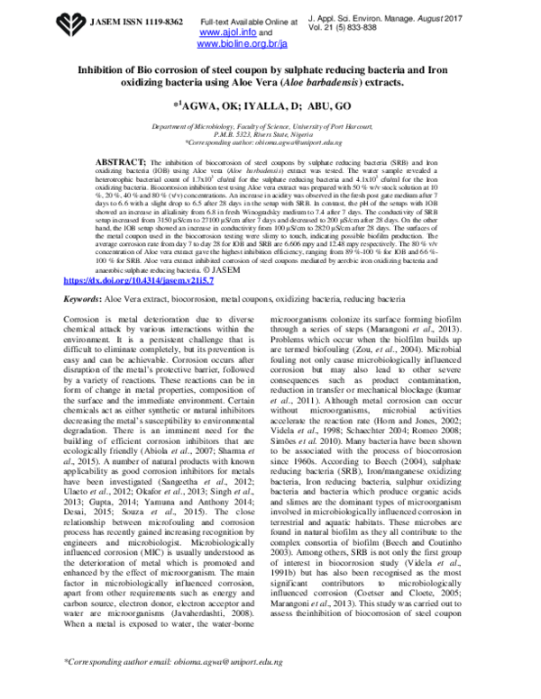 (PDF) Inhibition of bio corrosion of steel coupon by sulphate reducing ...