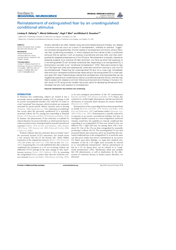 (PDF) Reinstatement of extinguished fear by an unextinguished ...