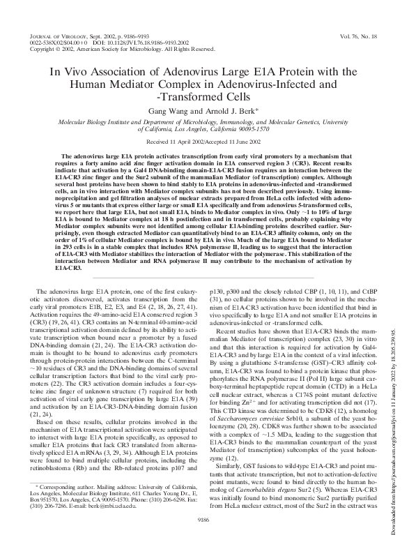 (PDF) In Vivo Association of Adenovirus Large E1A Protein with the ...