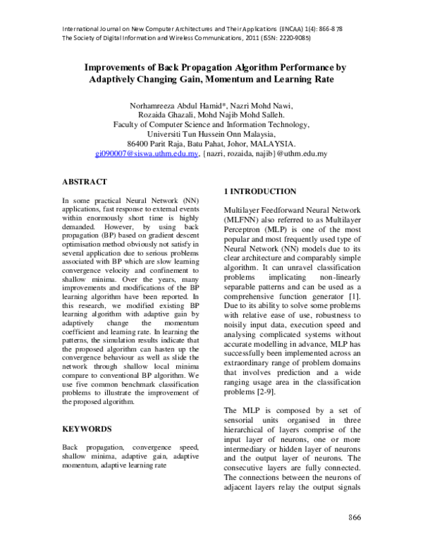 (PDF) Improvements of Back Propagation Algorithm Performance by ...