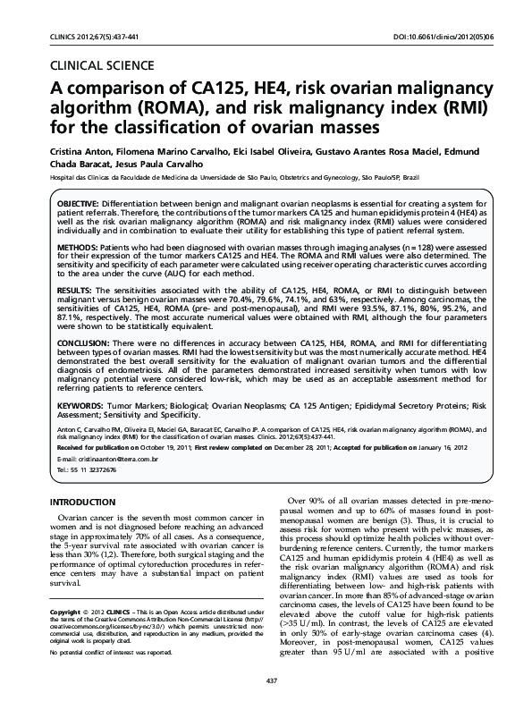 (PDF) A comparison of CA125, HE4, risk ovarian malignancy algorithm ...