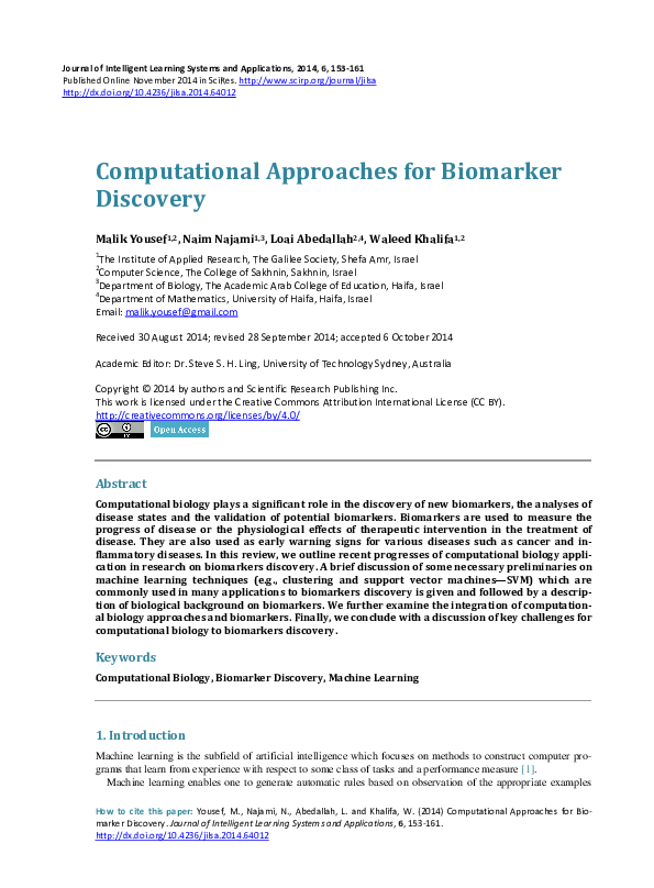 (PDF) Computational Approaches for Biomarker Discovery
