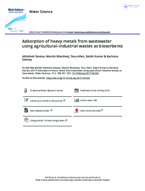 (PDF) Adsorption of heavy metals from wastewater using agricultural ...