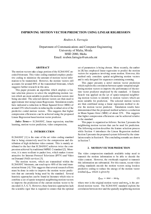 (PDF) Improving motion vector prediction using linear regression