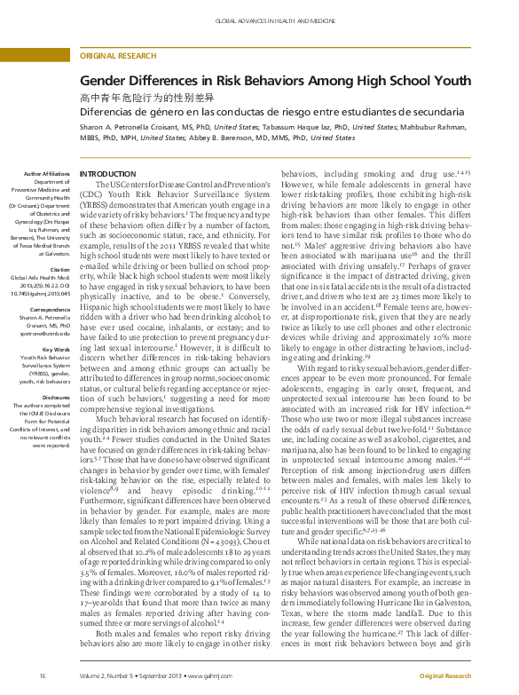 (PDF) Gender differences in risk behaviors among high school youth