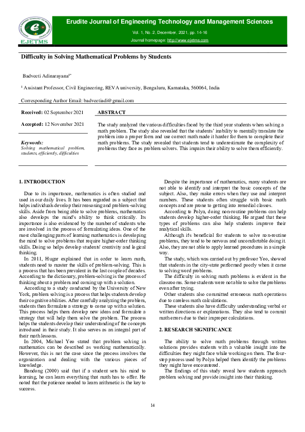 (PDF) Difficulty in Solving Mathematical Problems by Students