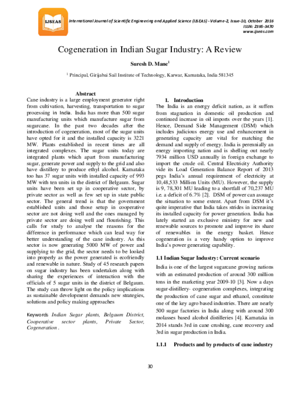 (PDF) Cogeneration in Indian Sugar Industry: A Review | Suresh Mane