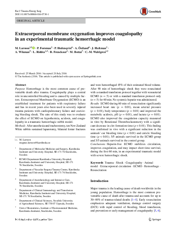 (PDF) Extracorporeal membrane oxygenation improves coagulopathy in an ...