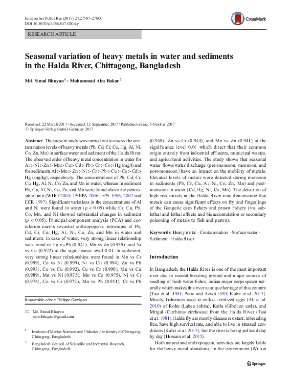 (PDF) Seasonal variation of heavy metals in water and sediments in the ...
