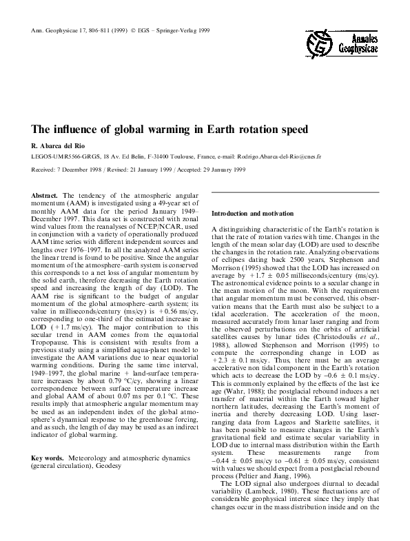 (PDF) The influence of global warming in Earth rotation speed