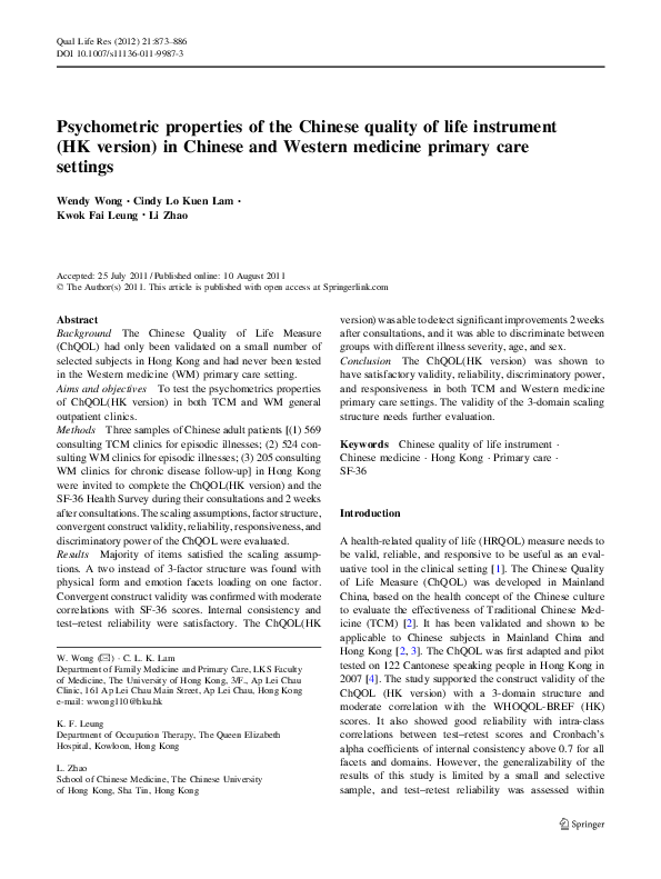 (PDF) Psychometric properties of the Chinese quality of life instrument ...