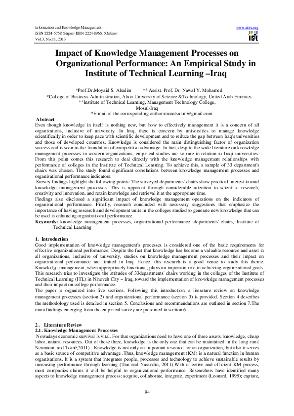 (PDF) Impact of Knowledge Management Processes on Organizational ...