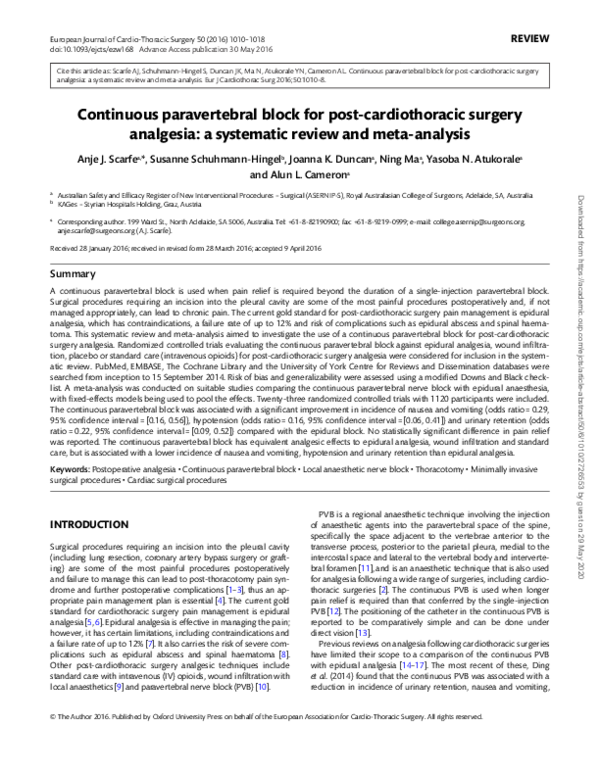 (PDF) Continuous paravertebral block for post-cardiothoracic surgery ...