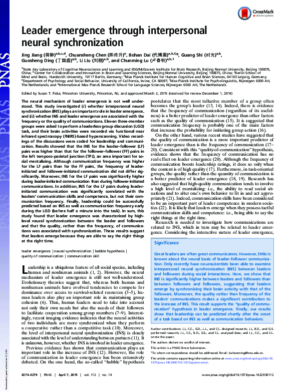 (PDF) Leader emergence through interpersonal neural synchronization
