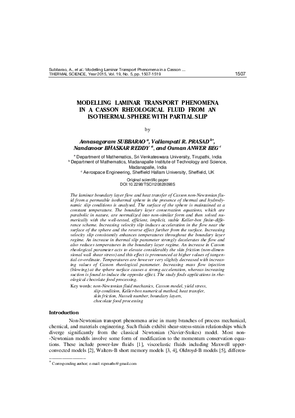(PDF) Modelling laminar transport phenomena in a Casson rheological ...