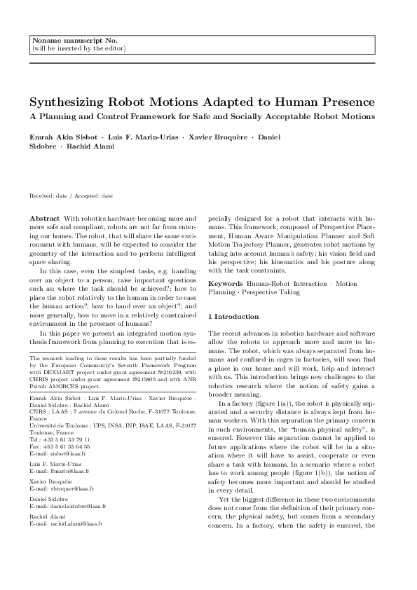 (PDF) Synthesizing Robot Motions Adapted to Human Presence