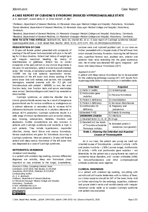 (PDF) A Case Report of Cushing’s Syndrome Induced Hypercoagulable State
