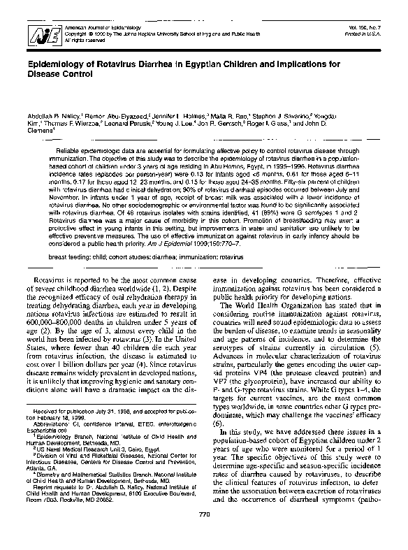 (PDF) Epidemiology of Rotavirus Diarrhea in Egyptian Children and ...
