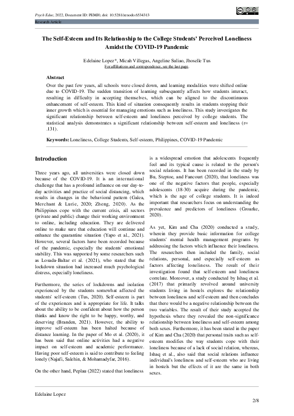 (PDF) The Self-Esteem and Its Relationship to the College Students ...