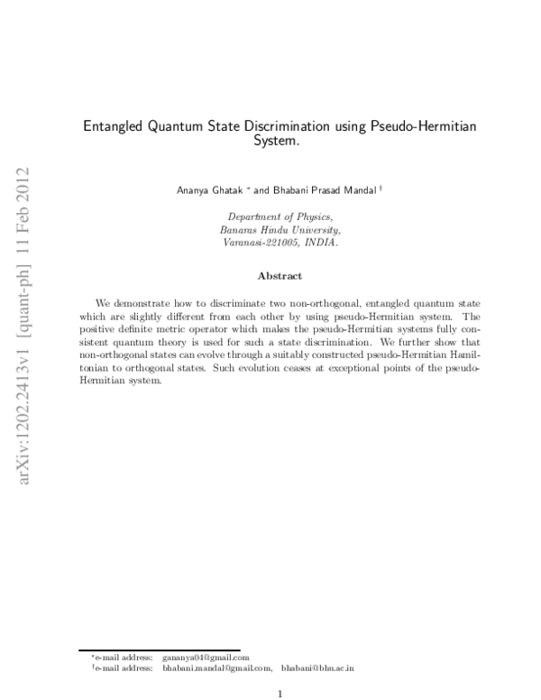 (PDF) Entangled quantum state discrimination using a pseudo-Hermitian ...