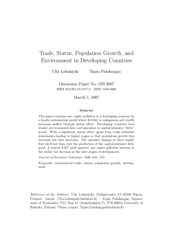 (PDF) Trade, population growth, and the environment in developing countries
