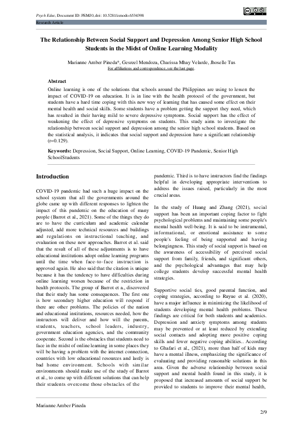 (PDF) The Relationship Between Social Support and Depression Among ...