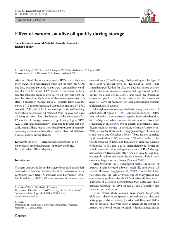 (PDF) Effect of amurca on olive oil quality during storage