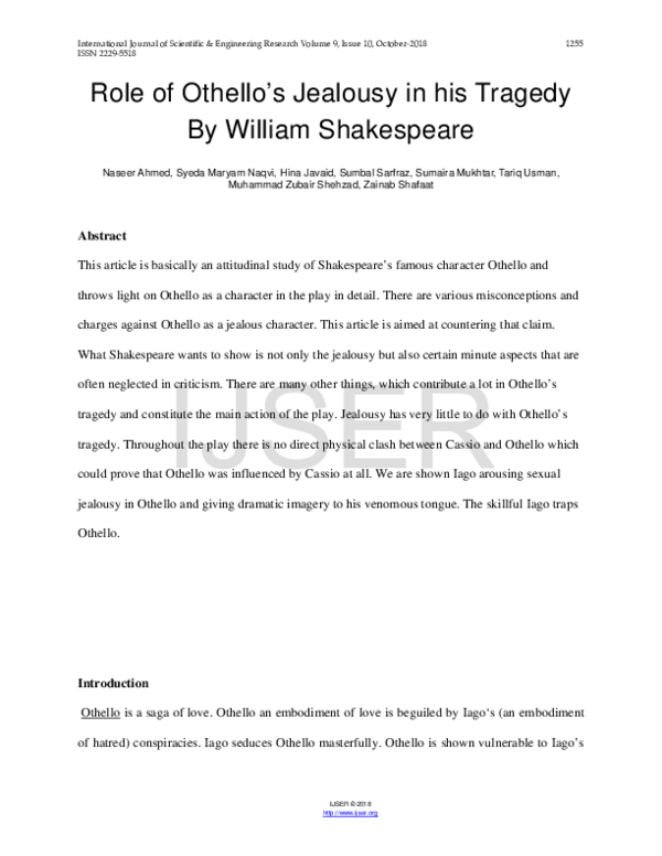 (PDF) Role of Othello's Jealousy in his Tragedy By William Shakespeare