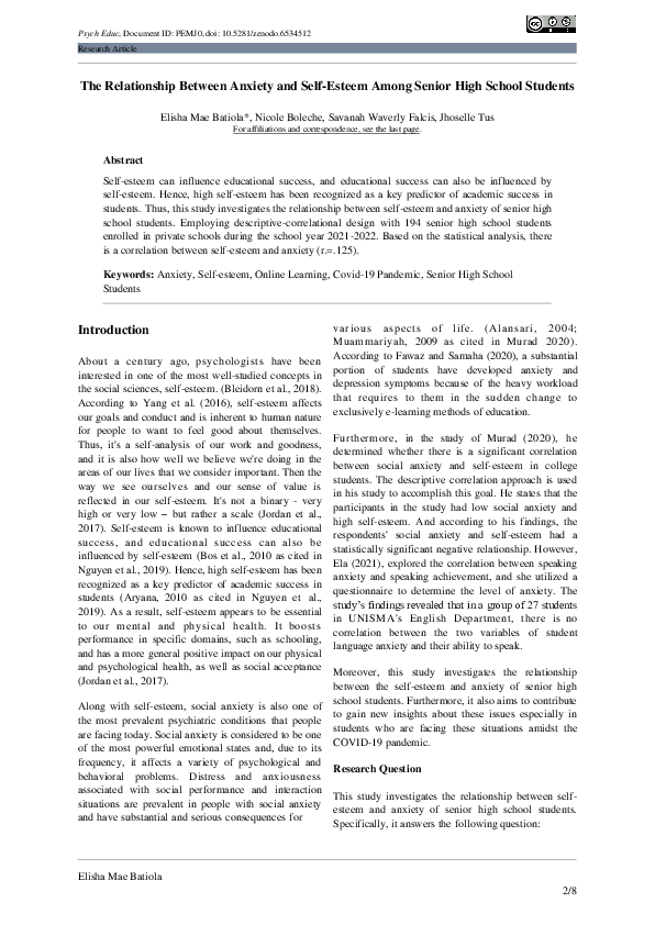 (PDF) The Relationship Between Anxiety and Self-Esteem Among Senior ...