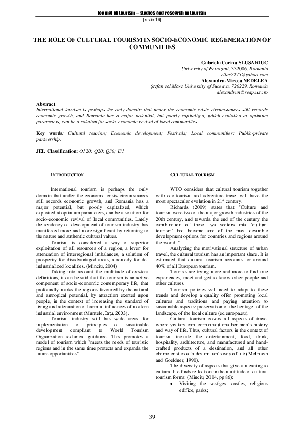 (PDF) The Role of Cultural Tourism in Socio-Economic Regeneration of ...