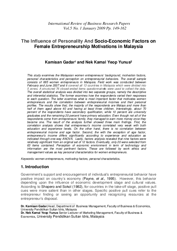 (PDF) The influence of personality and socio-economic factors on female ...