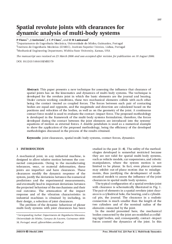 (PDF) Spatial revolute joints with clearances for dynamic analysis of ...