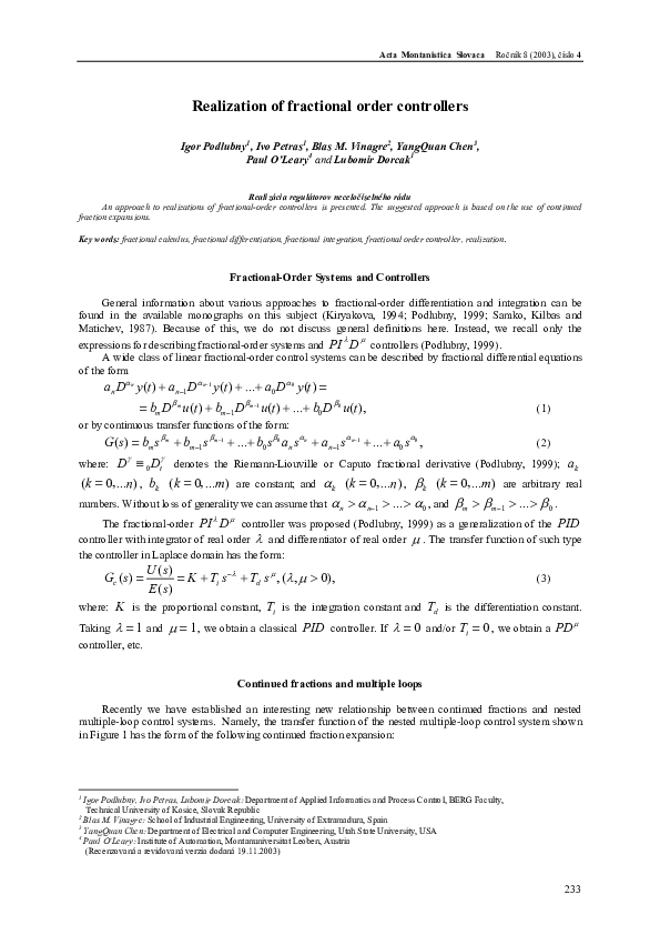 (PDF) Realization of fractional order controllers