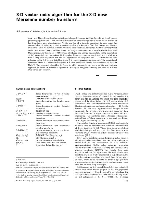 (PDF) 3-D vector radix algorithm for the 3-D new Mersenne number transform