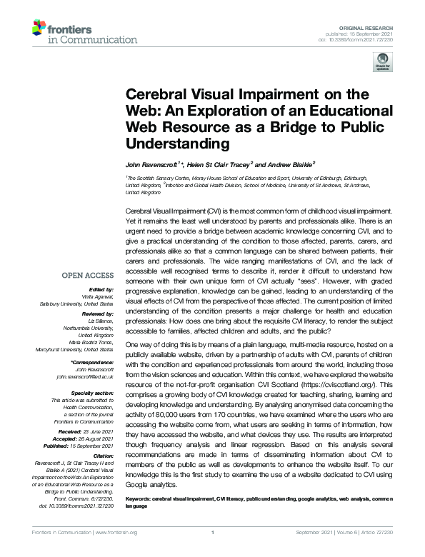 (PDF) Cerebral Visual Impairment on the  An Exploration of an