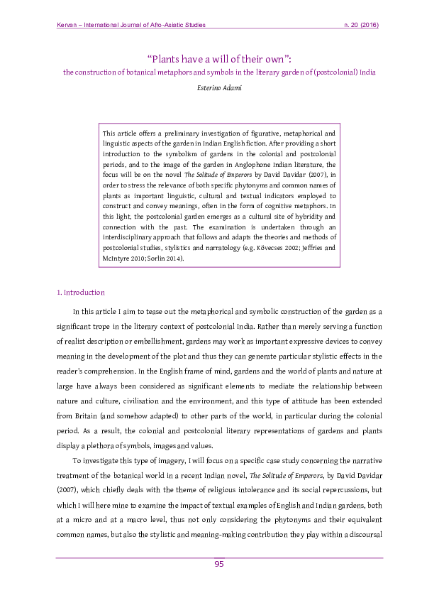 “Plants have a will of their own”: the construction of botanical metaphors and symbols in the literary garden of (postcolonial) India
