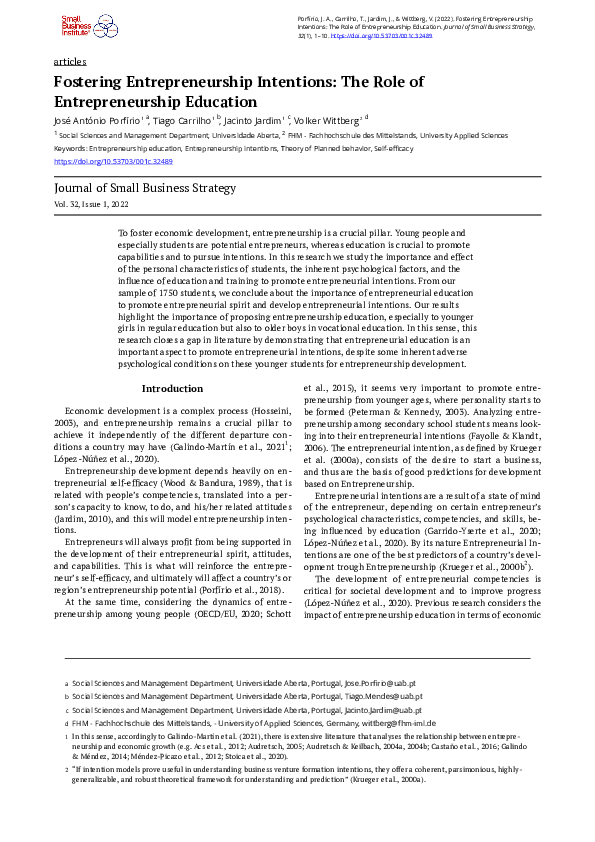 (PDF) Fostering Entrepreneurship Intentions: The Role of ...
