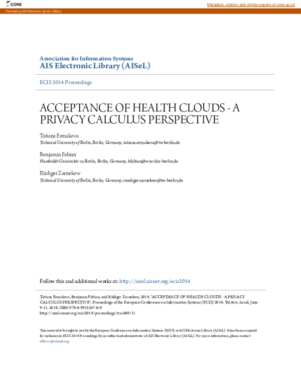 (PDF) Acceptance of Health Clouds – A Privacy Calculus Perspective