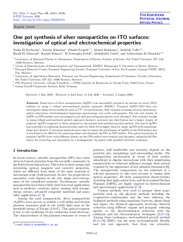 (PDF) One pot synthesis of silver nanoparticles on ITO surfaces ...