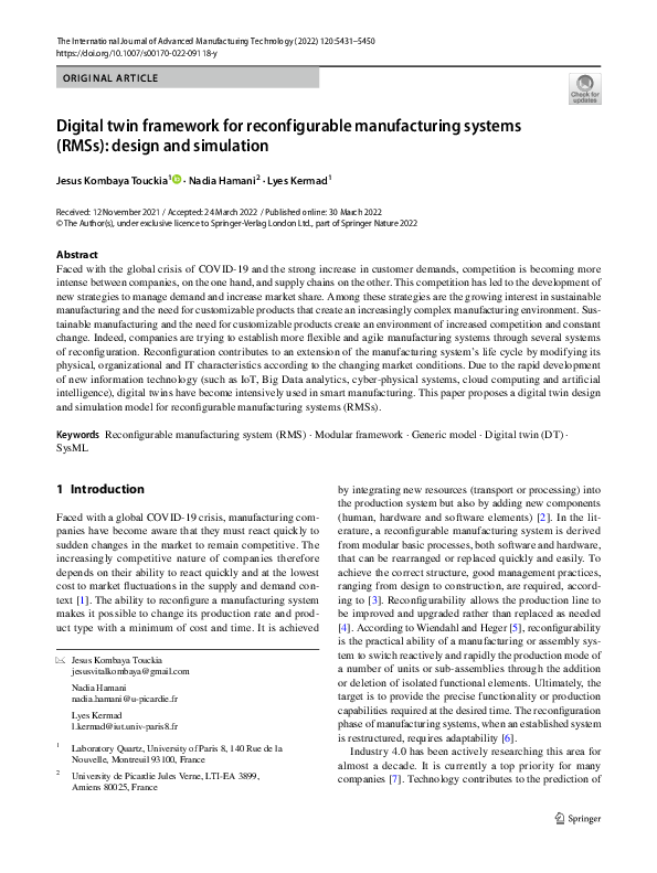 (PDF) Digital twin framework for reconfigurable manufacturing systems ...