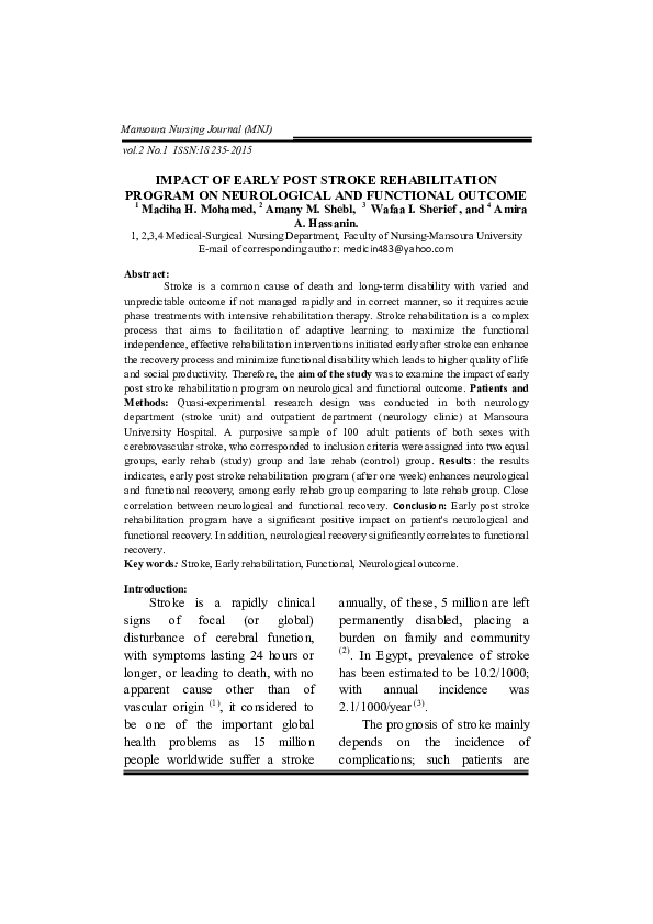 (PDF) Impact of Early Post Stroke Rehabilitation Program on ...
