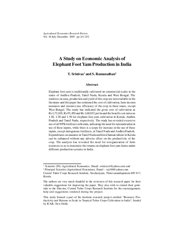 (PDF) A Study on Economic Analysis of Elephant Foot Yam Production in India