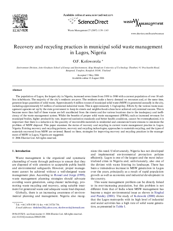 (PDF) Recovery and recycling practices in municipal solid waste ...