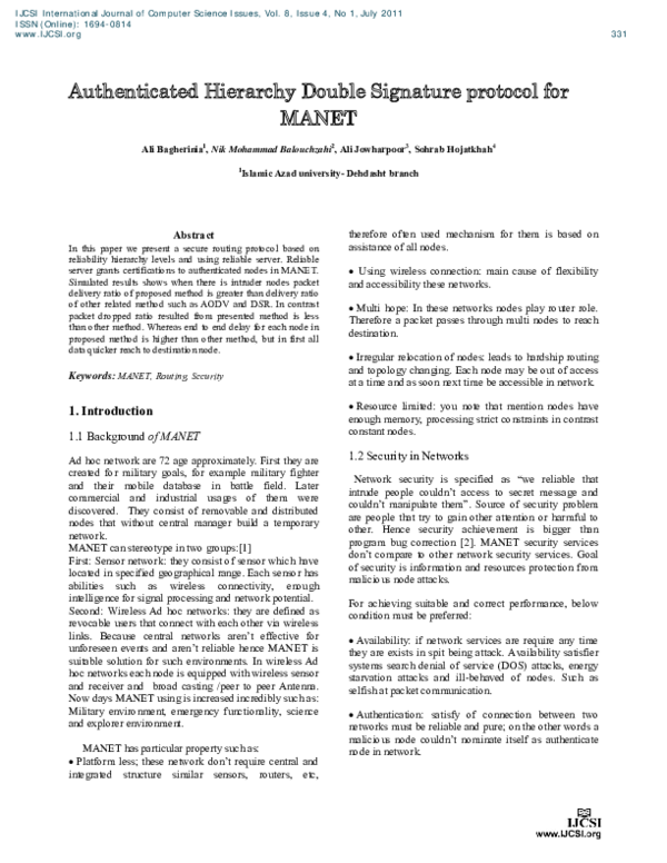 (PDF) Authenticated Hierarchy Double Signature protocol for MANET